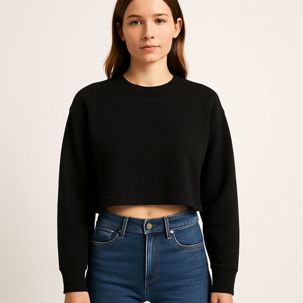 Free People Black Cropped Crewneck Sweatshirt
